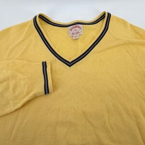 Brooks Brothers Mens XL V-Neck Sweater Yellow Navy Tipped Cotton Wool Varsity